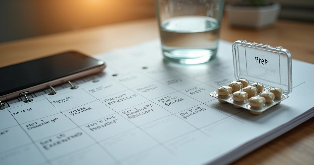 Calendário com lembretes de PrEP e acessórios de medicação