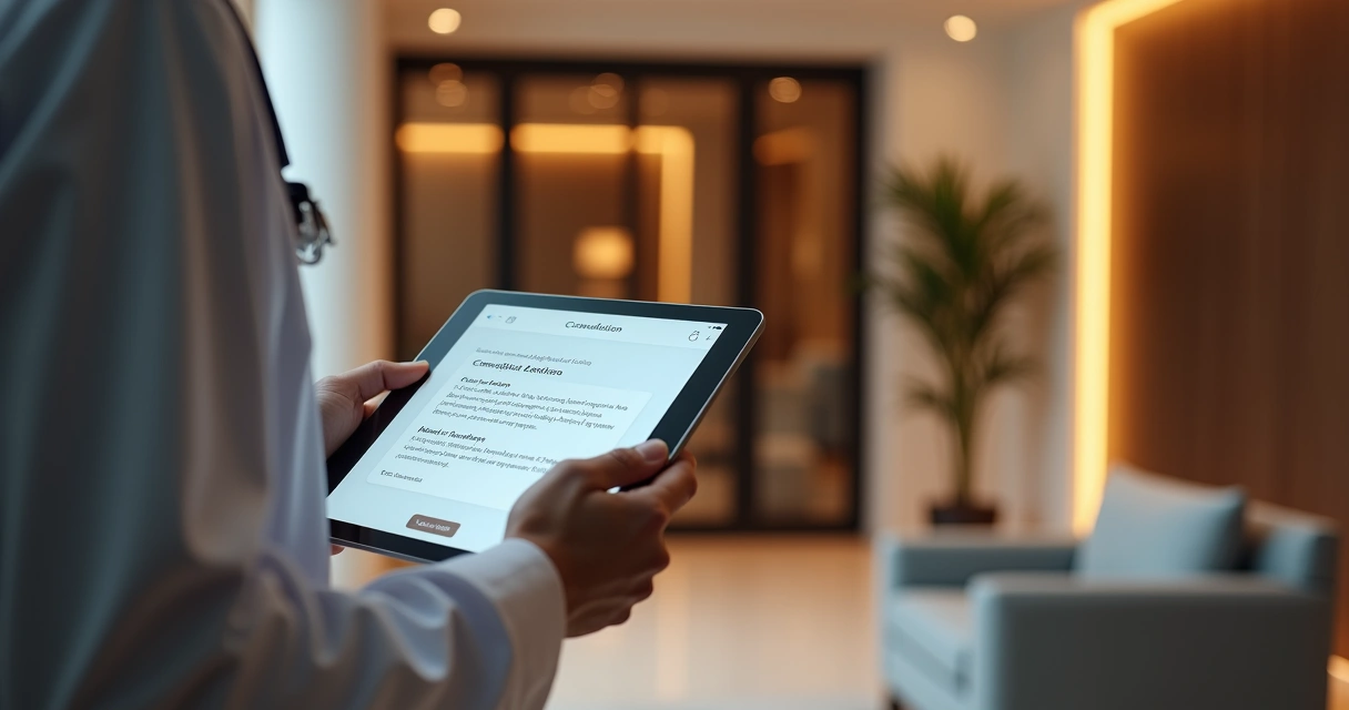 Profissional de saúde segurando tablet com lembrete de consulta em ambiente de clínica elegante