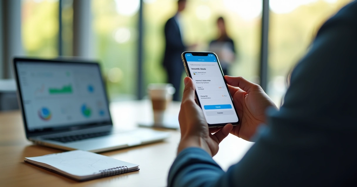 Profissional segurando celular exibindo lembrete de pagamento automatizado na tela 