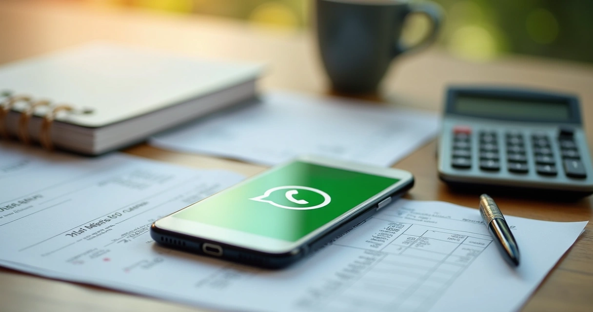 Mensagem de lembrete de pagamento no celular com agenda e café na mesa 
