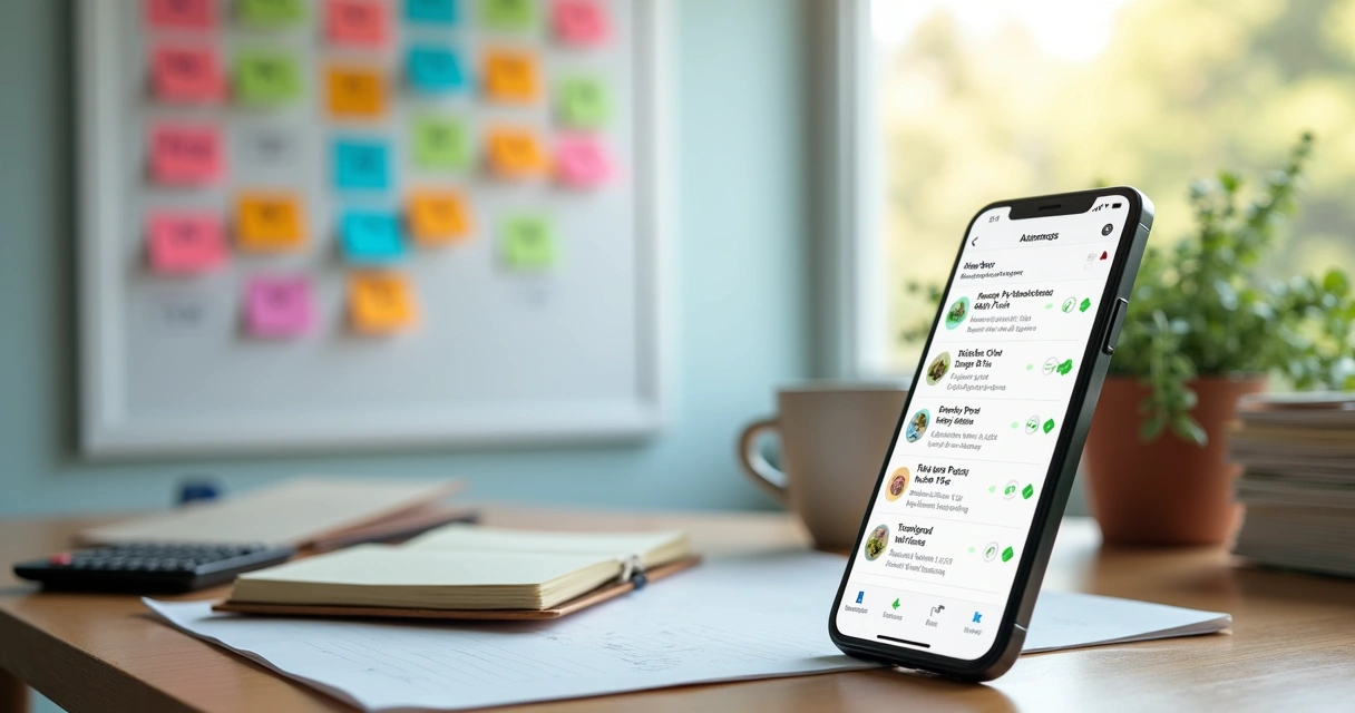 Quadro branco com calendário de cobranças organizadas ao lado de celular mostrando lembretes automáticos 