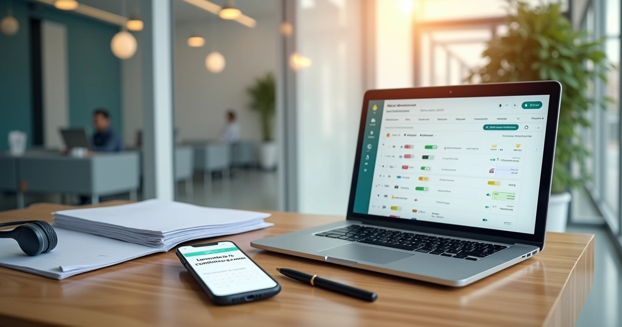 Smartphone com lembrete de consulta médica sincronizado com agenda em computador de clínica 