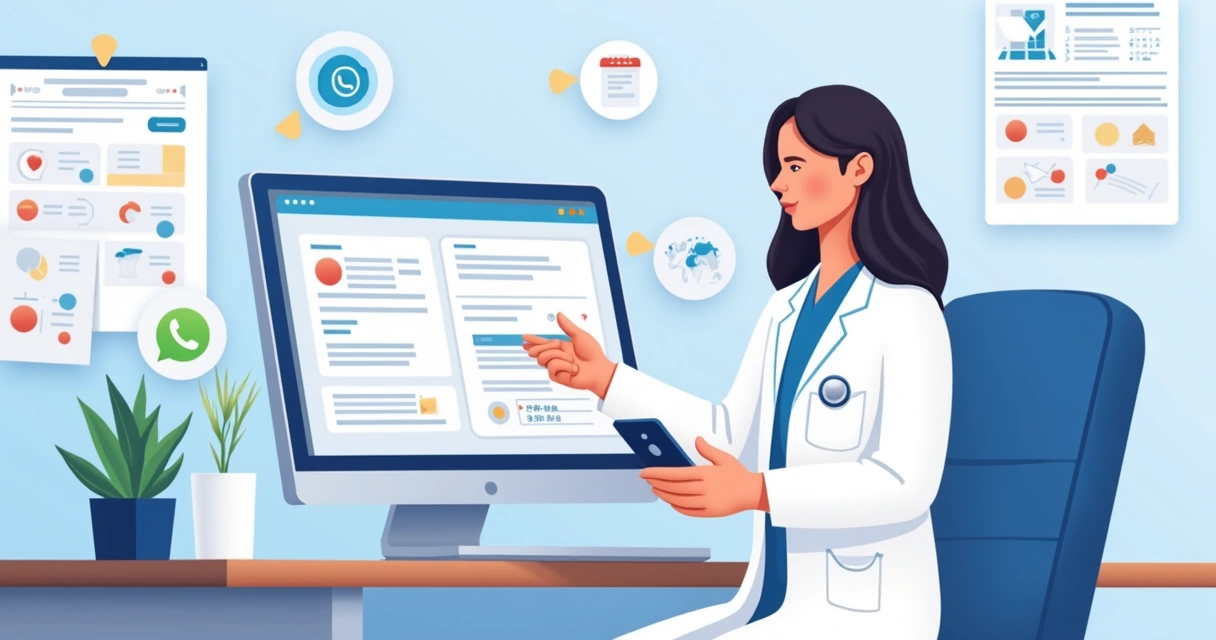 Ilustração corporativa mostrando veterinário organizando consultas com lembretes automáticos por celular e computador 