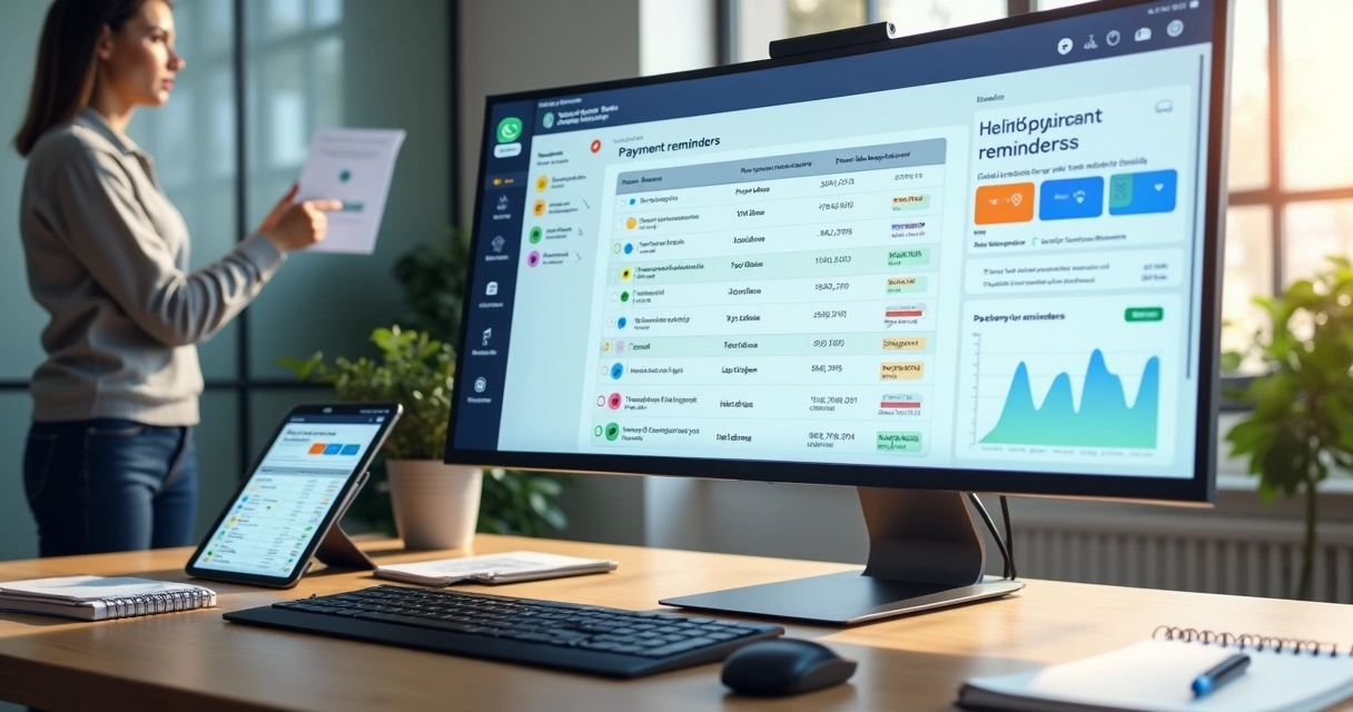 Painel digital exibindo lembretes automáticos de pagamento em escritório de pequena empresa 