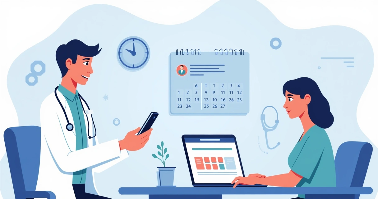 Ilustração corporativa flat mostrando médico recebendo notificação de lembrete de consulta no celular, calendário digital e paciente confirmando agendamento no computador 