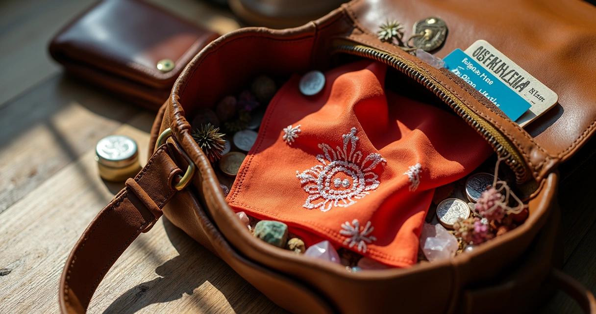 Lenço colorido energizado dentro de uma bolsa aberta, com cristais ao lado 