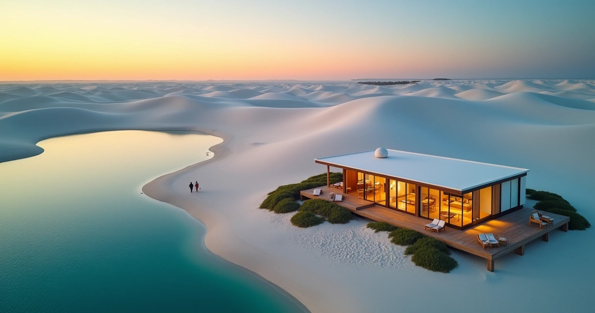 Vista aérea das dunas branquinhas dos Lençóis Maranhenses com lagoas azuis e uma casa de temporada ao fundo 