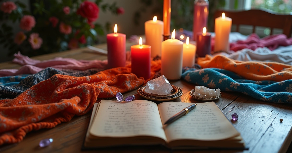 Lenços coloridos em mesa decorada com velas 
