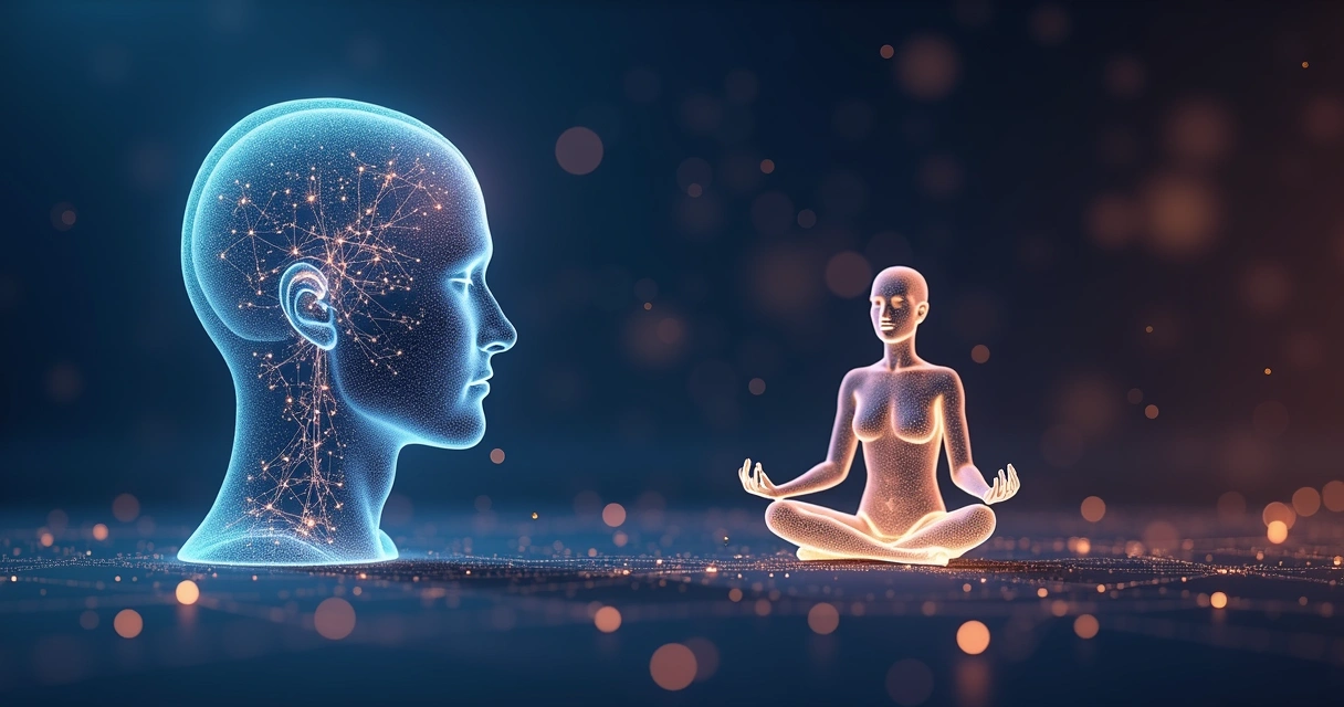 Cerebro humano y silueta meditando rodeados de símbolos de lenguaje y conciencia 