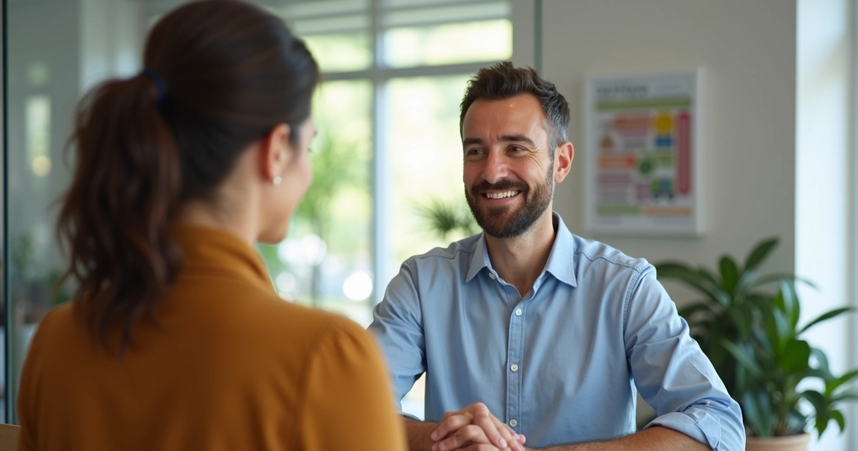 Cliente recibiendo atención cordial con sonrisa y contacto visual 