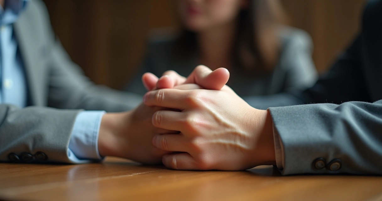 Manos apretadas sobre una mesa de madera durante una conversación personal 