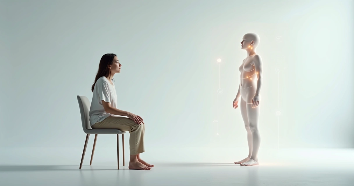 Persona sentada observando su propio lenguaje corporal frente a una silueta luminosa 