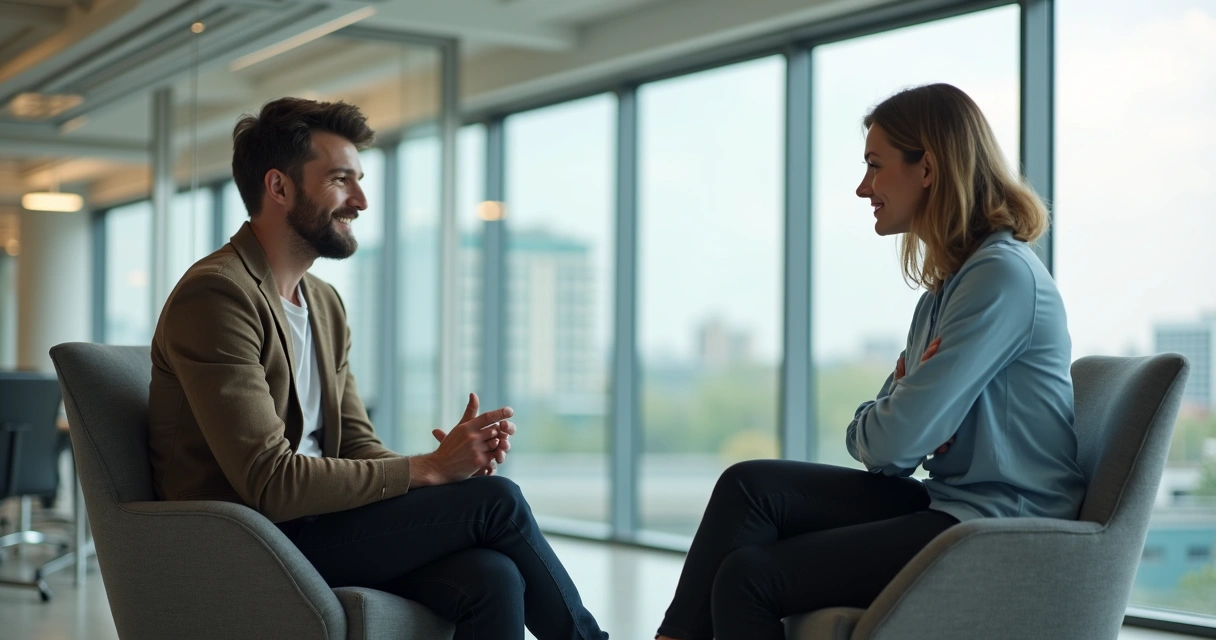 Dos personas conversando con posturas corporales diferentes y expresiones faciales que sugieren diferentes niveles de autoconfianza.