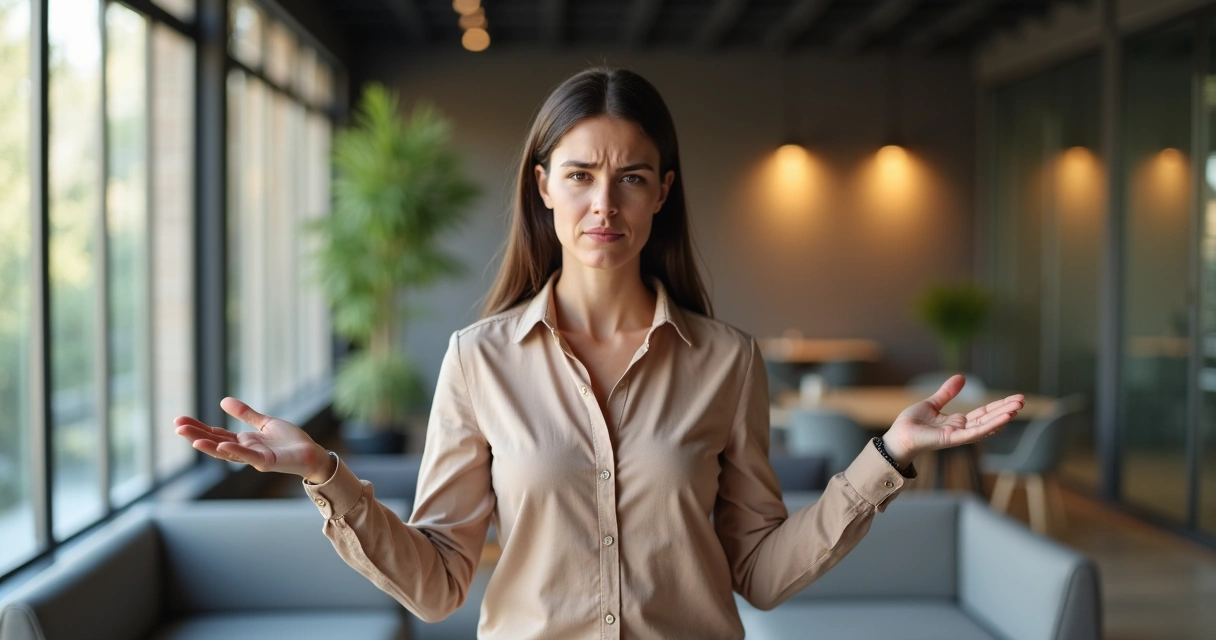 Persona con gestos corporales contradictorios entre postura y expresión facial 