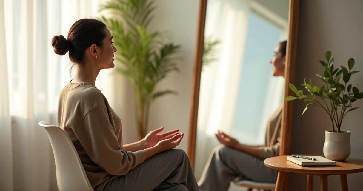 Persona sentada mostrando lenguaje corporal abierto y relajado frente a un espejo 