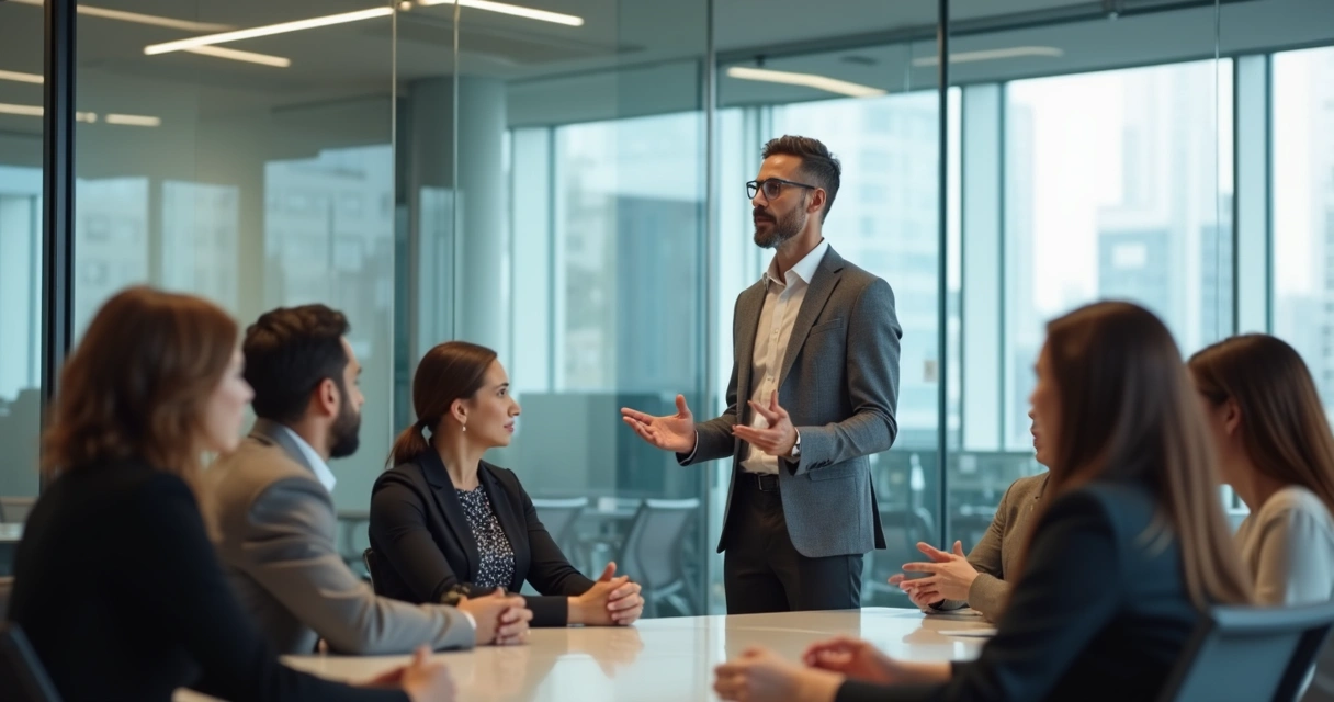 Líder con postura segura comunicándose frente a un equipo atento en una sala de reuniones moderna 