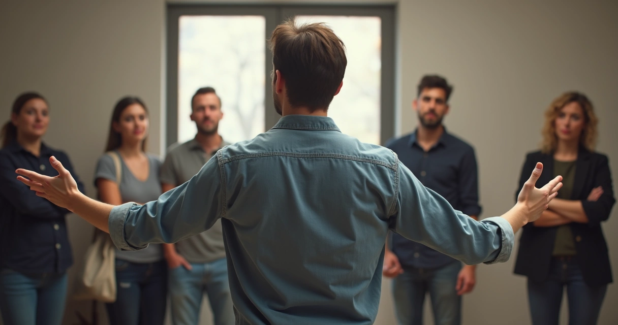 Persona en una sala con postura erguida y gesto confiado, rodeada de otras personas que observan sus movimientos.