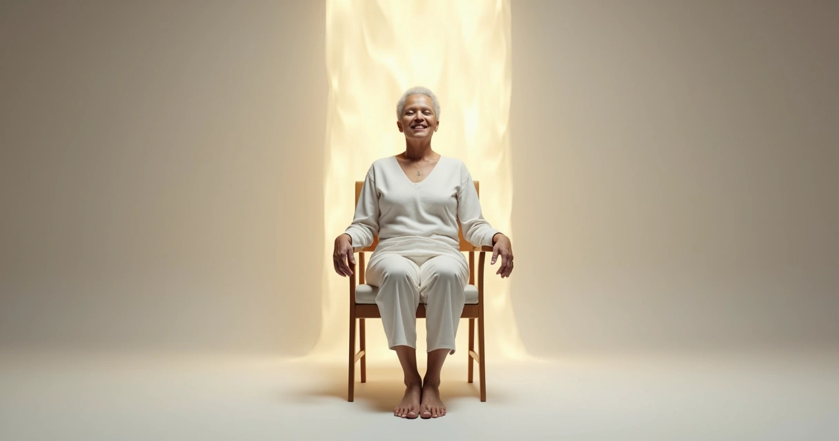 Persona sentada con lenguaje corporal sereno y postura alineada 