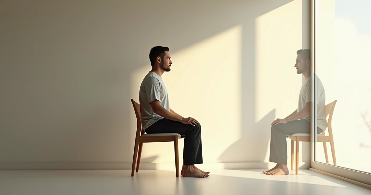 Persona sentada con postura abierta observando su propio reflejo corporal en un vidrio 