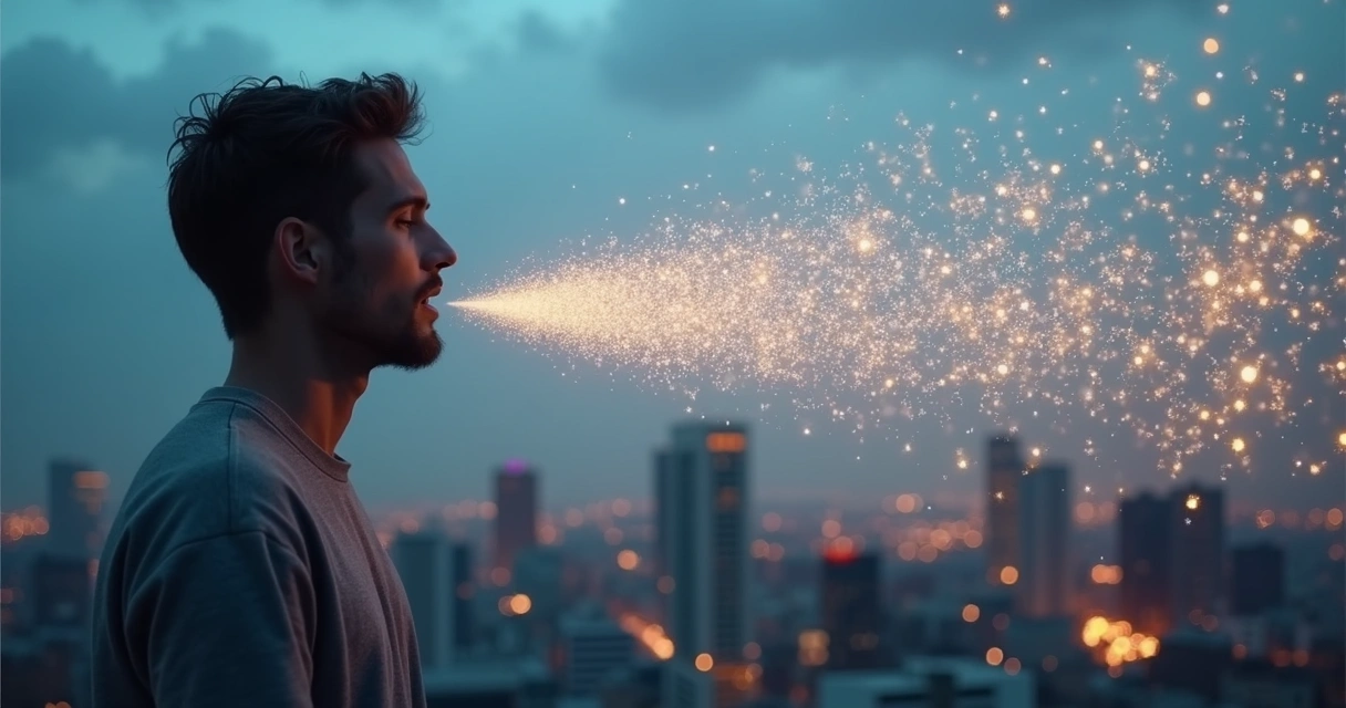 Persona hablando mientras palabras se transforman en formas luminosas sobre una ciudad 