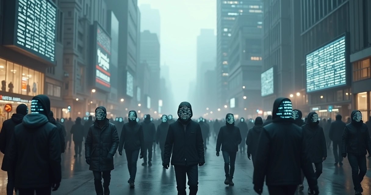 Multitud urbana caminando con cabezas de código binario en un entorno gris y frío 