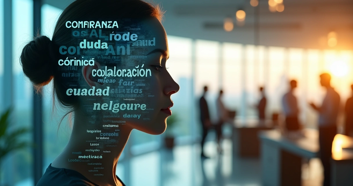 Perfil humano con palabras internas proyectadas sobre oficina corporativa 