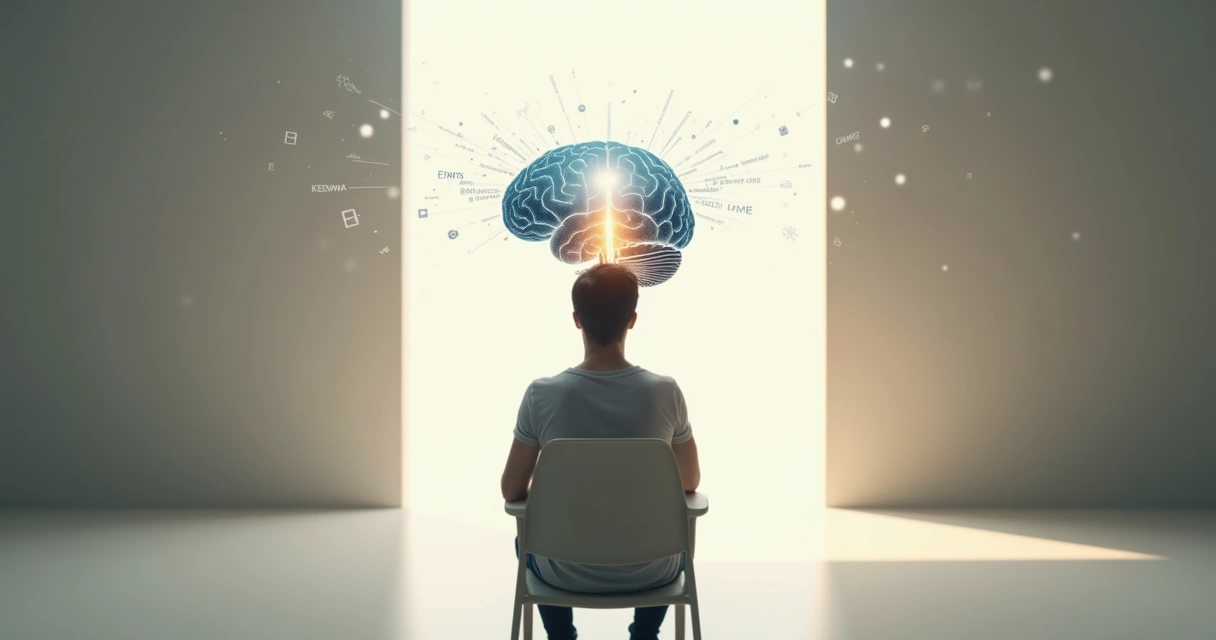 Persona reflexionando con doble exposición de cerebro y camino hacia la luz 