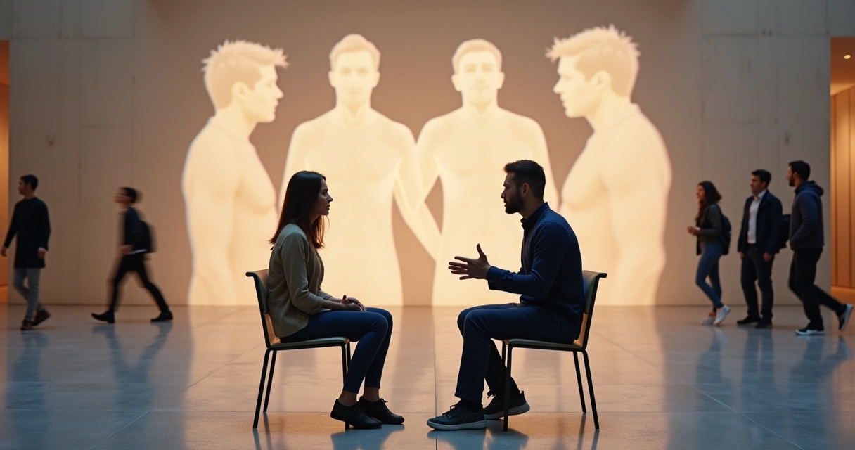Dos personas conversando sentadas frente a frente con siluetas luminosas que proyectan gestos amplificados en la pared 
