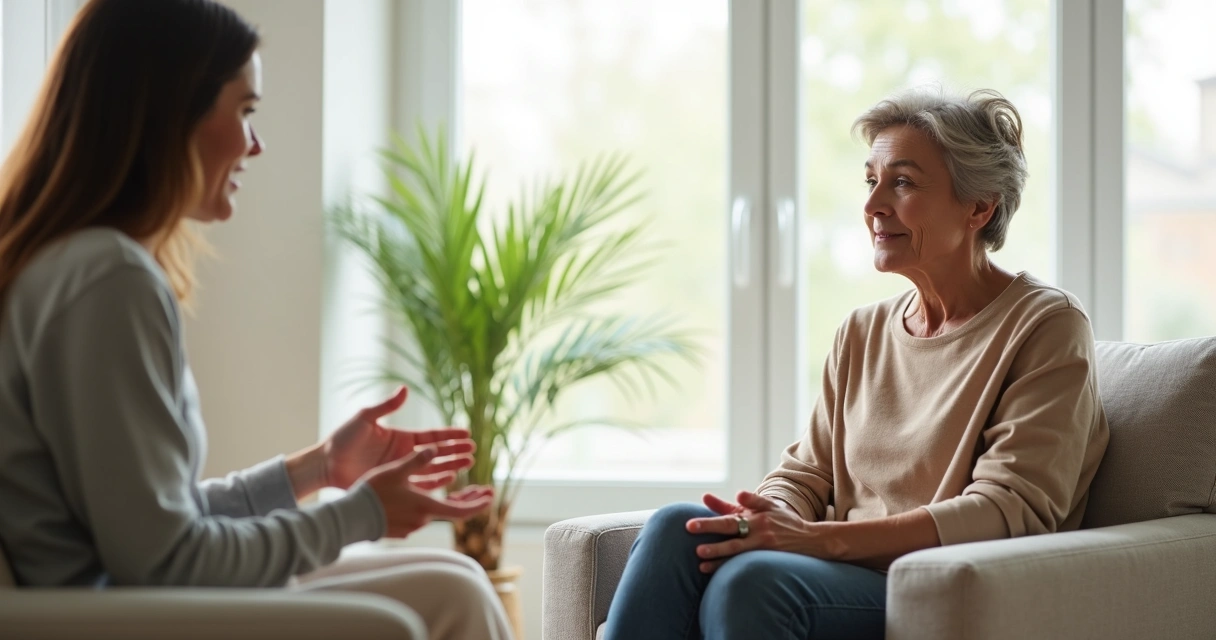 Persona sentada en silencio frente a otra, mostrando lenguaje corporal sereno y escucha atenta 