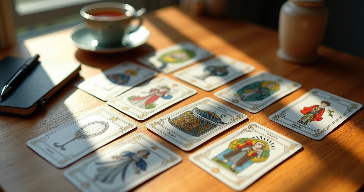 Lenormand cards neatly spread in a Petite Tableau layout on a wooden table with natural light 