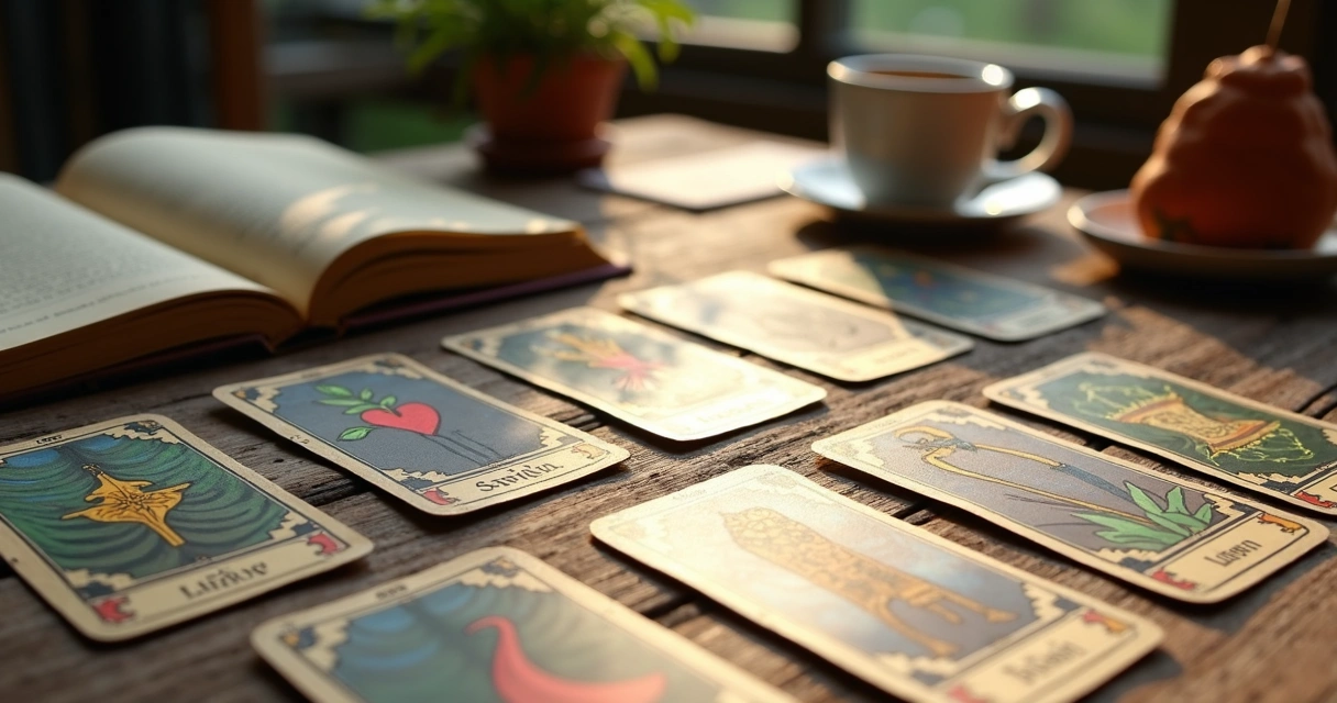 Lenormand cards displayed in a spread on a wooden table 