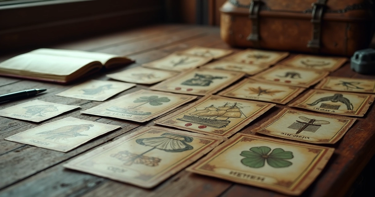 Various Lenormand cards showing symbols like Clover, Ship, and Heart 
