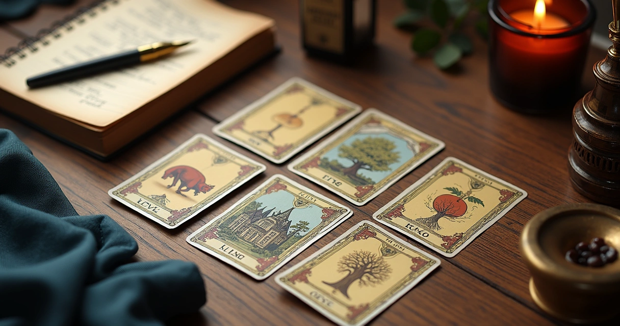 Lenormand cards spread on a wooden table 