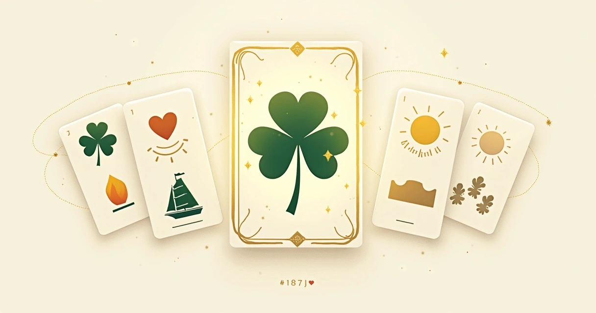 Lenormand Clover card central among other cards with soft golden light 