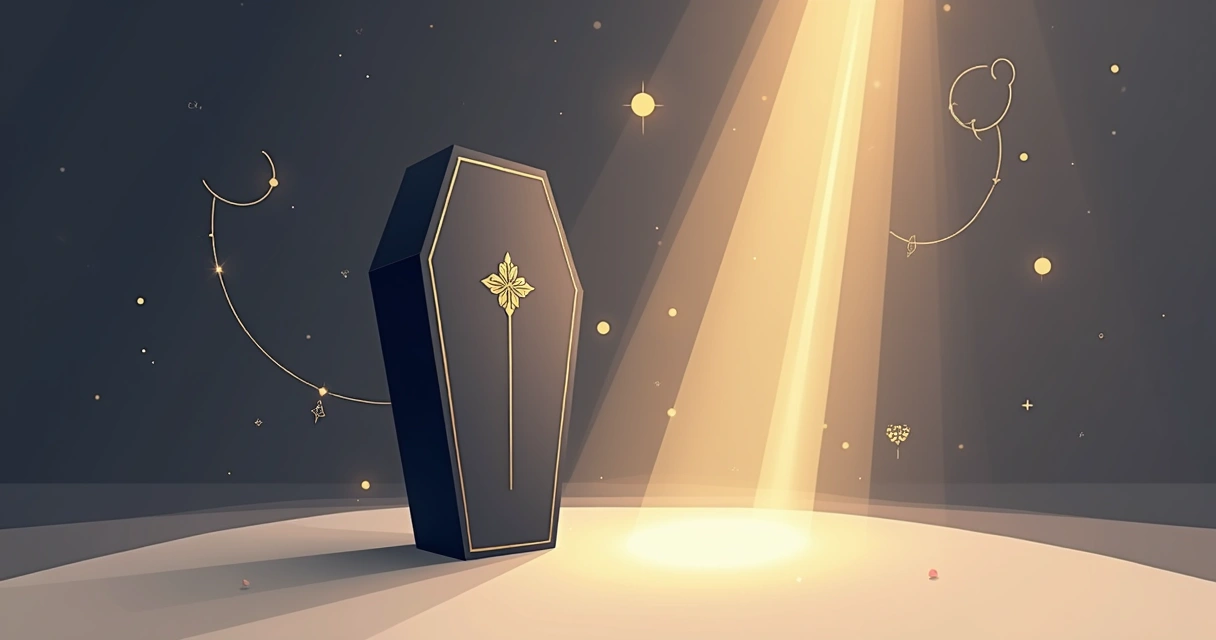 Stylized Lenormand Coffin card opening into a luminous portal symbolizing transformation 