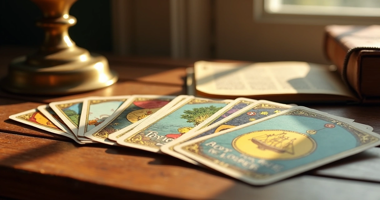 A spread of Lenormand cards fanned across a table with illustrated symbols 