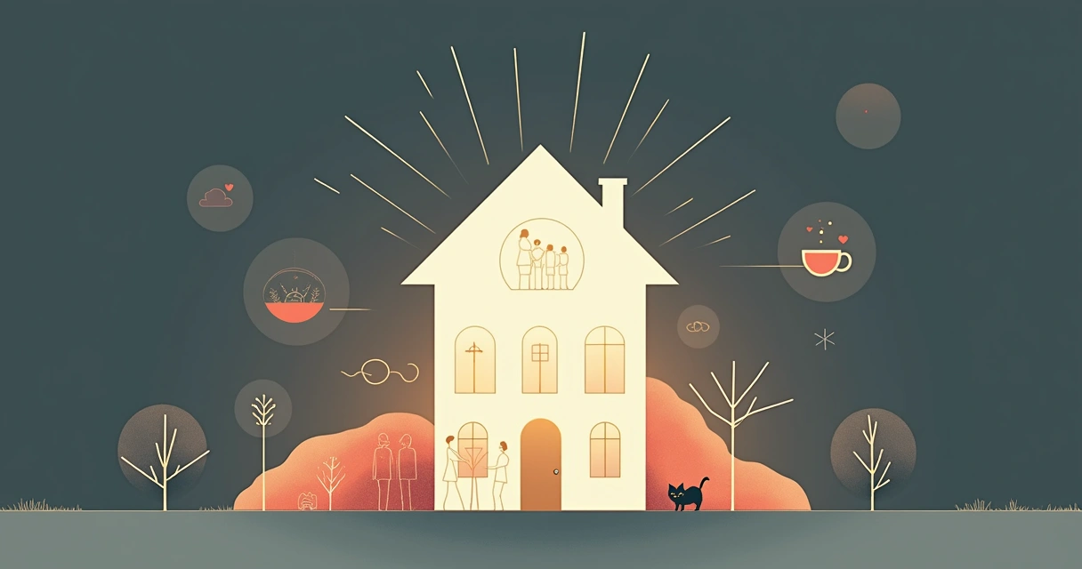 Flat illustration of a glowing Lenormand House card radiating symbols of family and home 
