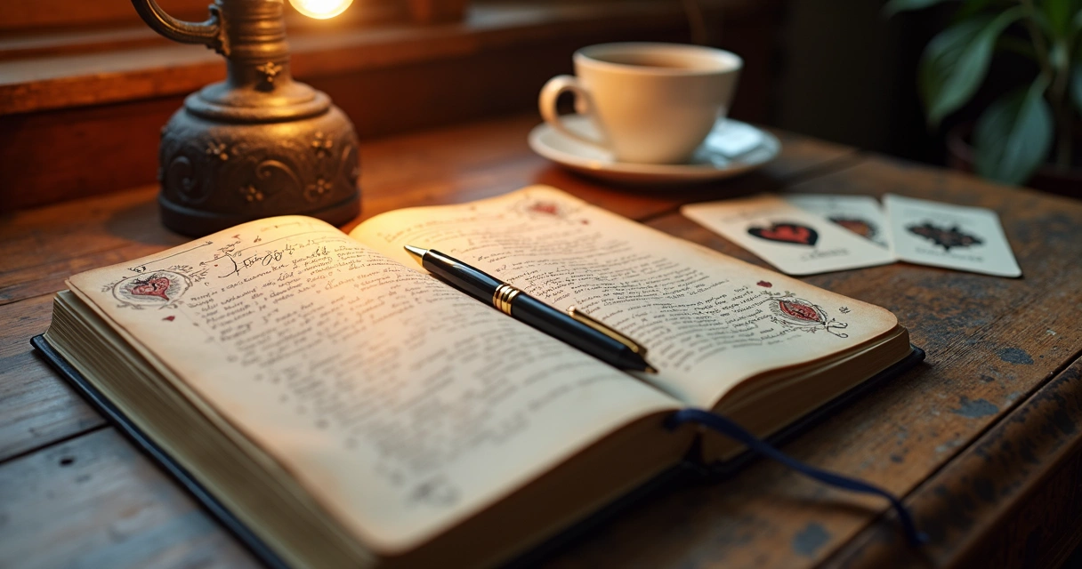 Open journal with Lenormand card reading notes beside cards 