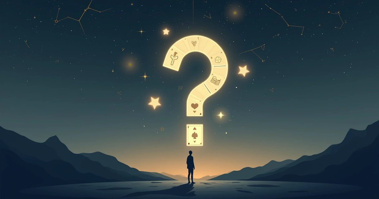 Lenormand cards forming a luminous question mark gateway in a minimalist night landscape 