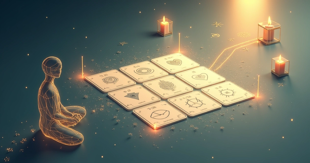 Flat illustration of Lenormand spread grid with houses and card combinations 