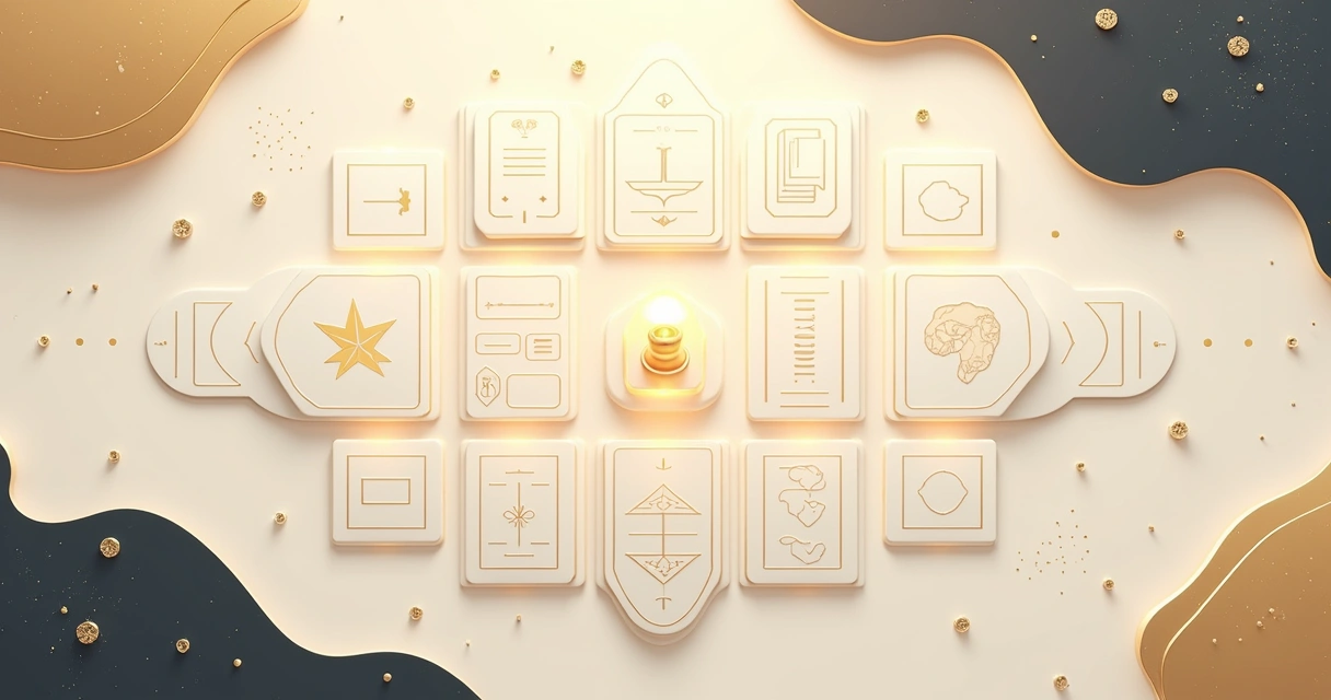 Flat illustration of Lenormand card spreads with symbolic icons and clean layout 