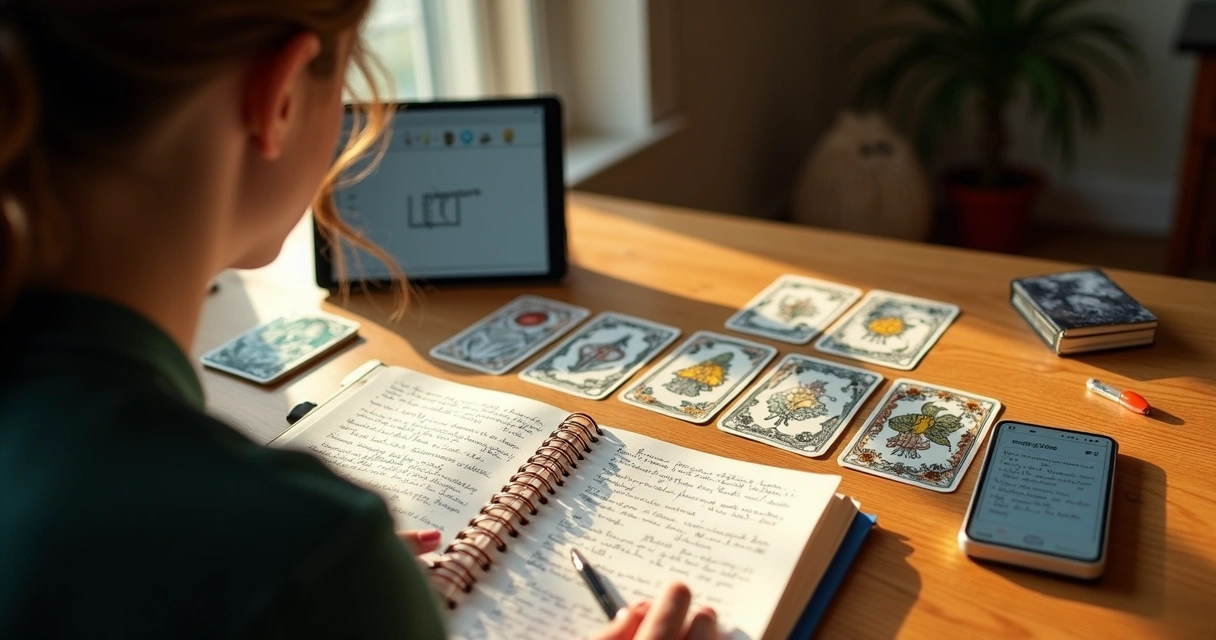 Person studying Lenormand cards with a notebook and digital tablet 
