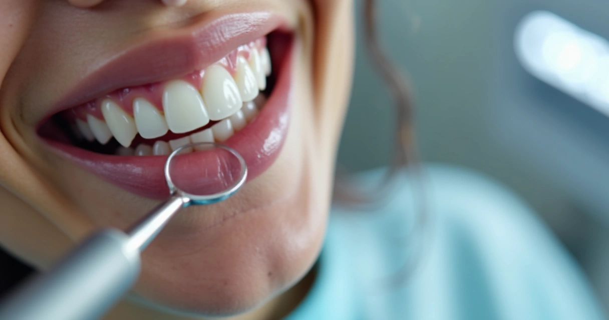 Close-up de dentista mostrando lente de contato dental aplicada em dentes superiores de paciente 