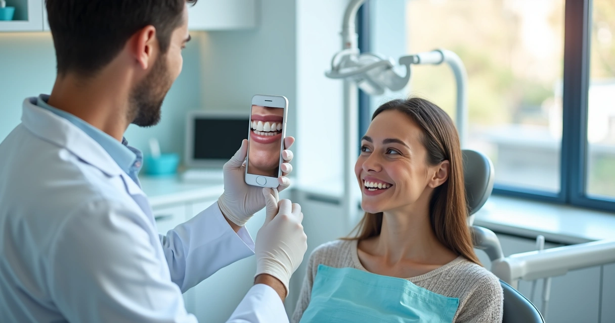 Dentista analisando sorriso do paciente em consultório odontológico 