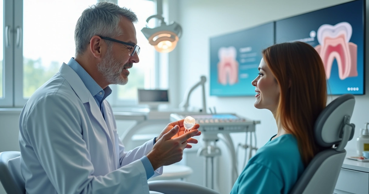 Dentista mostrando lente de contato dental para paciente em consultório moderno com tecnologia avançada 