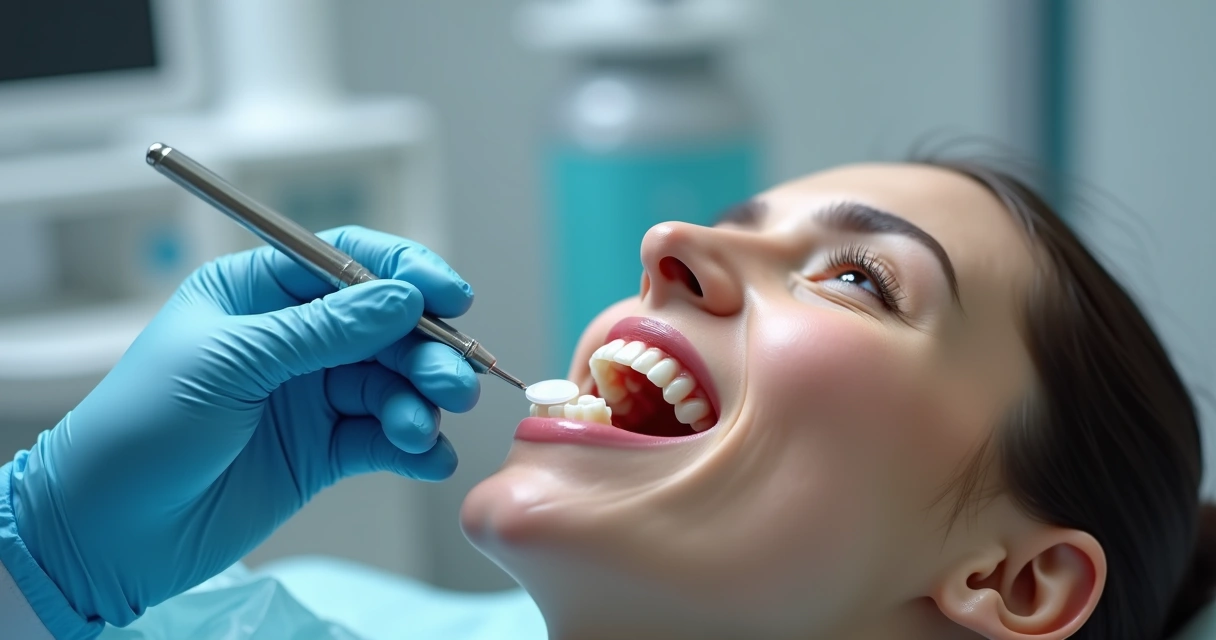 Dentista colocando lente de contato dental em paciente com sorriso visível 