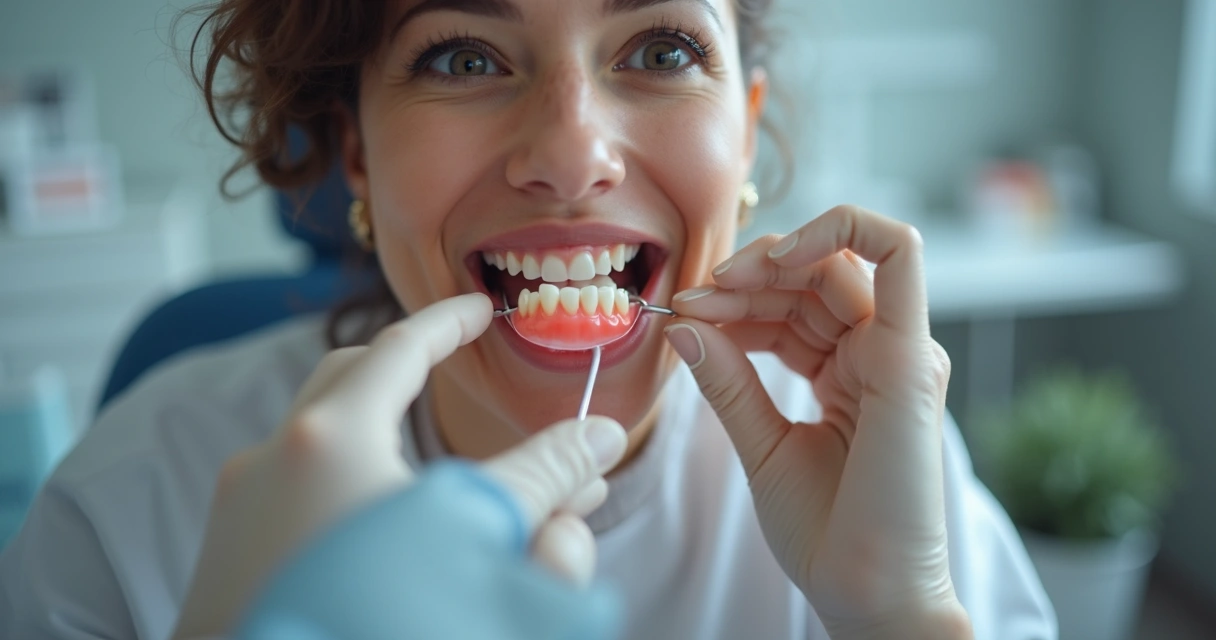 Close-up de uma profissional da saúde bucal aplicando lentes de porcelana em dentes de paciente em consultório moderno 