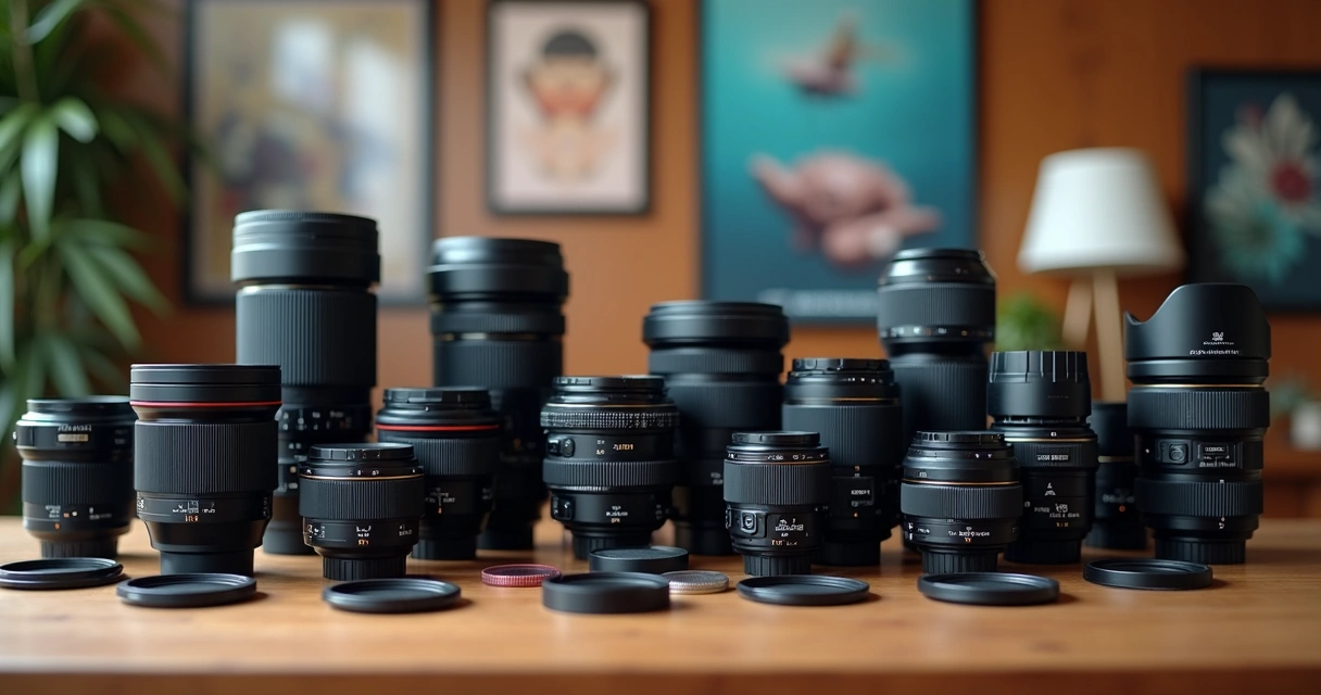 Diferentes lentes fotográficas e adaptadores sobre mesa de madeira 