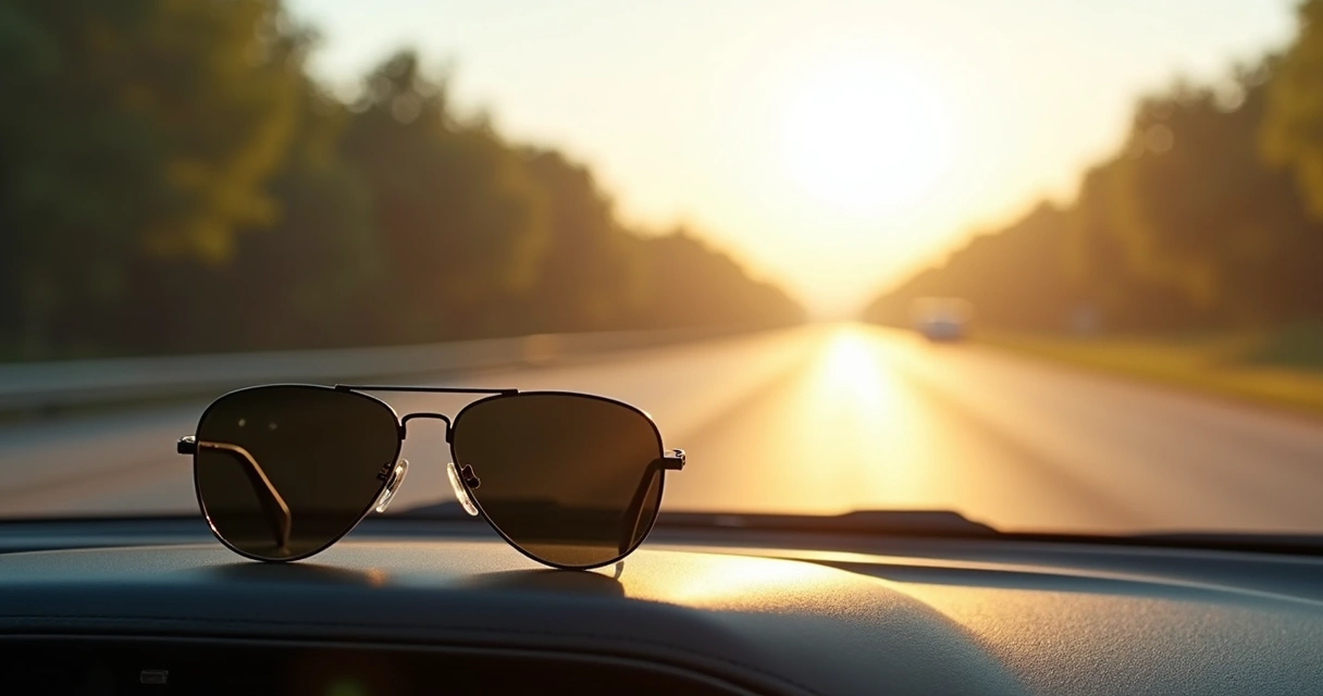 Óculos de sol polarizados sobrevolta ao painel do carro, refletindo o para-brisa 