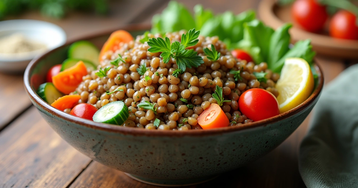 Lentil salad bowl with fresh vegetables and herbs 